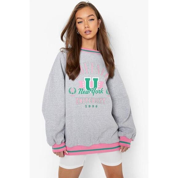 Boohoo Buffalo Striped Hem Oversized Sweatshirt Gray Pink Green Size XL - Picture 2 of 9